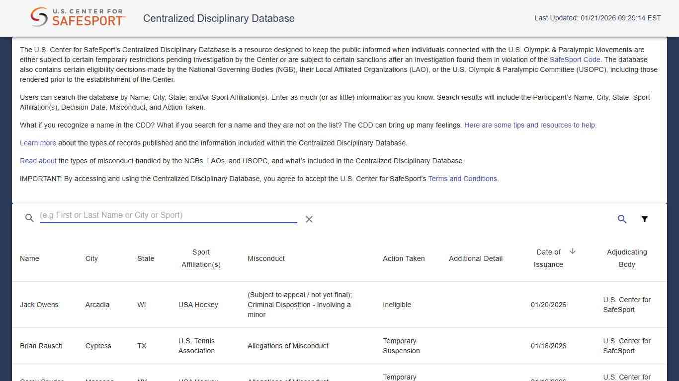 U.S Center for SafeSport - Centralized Disciplinary Database