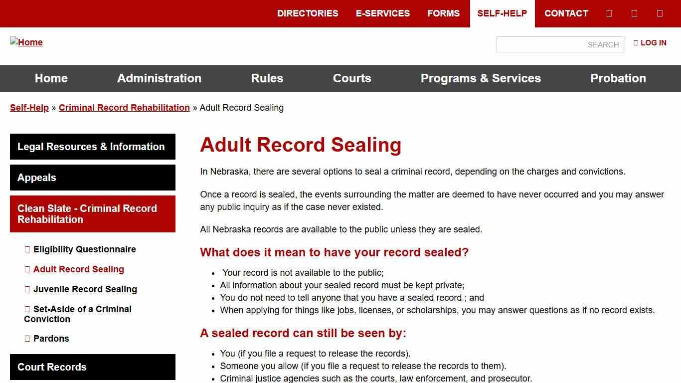 Adult Record Sealing | Nebraska Judicial Branch